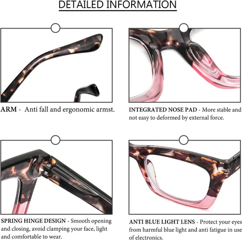 Vista 5 de REAVEE 6 Pack Reading Glasses for Women Blue Light Blocking, Cute Square Computer Readers with Spring Hinge