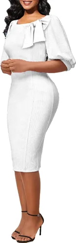 Vista 2 de Beverly Vestido de tubo ajustado para mujer, de manga larga, elegante, con lazo, para trabajo, oficina, cóctel, fiesta, vestido de tubo