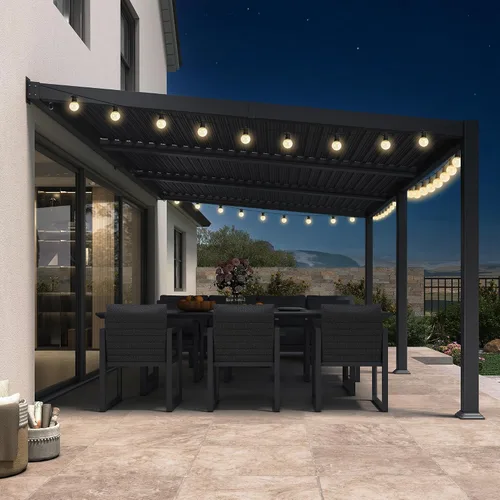 Vista 25 de PURPLE LEAF Pérgola con listones de techo rígido de 8 x 10, pérgola de aluminio para patio al aire libre con techo ajustable a prueba de lluvia