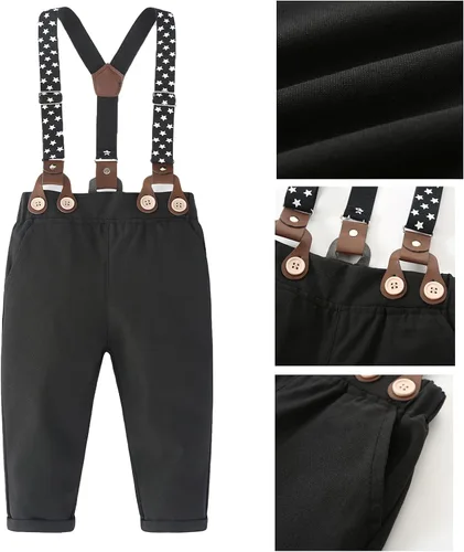 Vista 5 de SALNIER Conjunto de ropa de traje de bebé niño esmoquin trajes de caballero trajes de corbatín camisa tirantes pantalones boina sombrero 0-24M