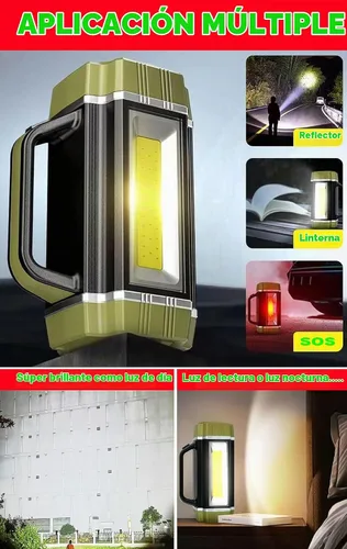Vista 7 de Foco LED solar recargable, súper brillante 13000 lúmenes, reflector LED de mano, linterna de campamento multifunción, 6 modos de luz, IPX4