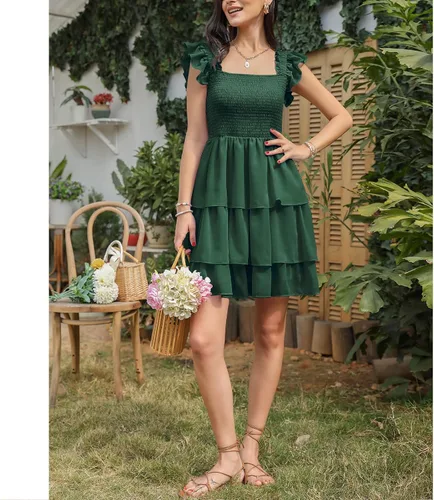 Vista 5 de Byinns Vestido corto sin mangas con cuello cuadrado para mujer, cintura alta, espalda descubierta, escalonado, con tirantes fruncidos, estilo casual