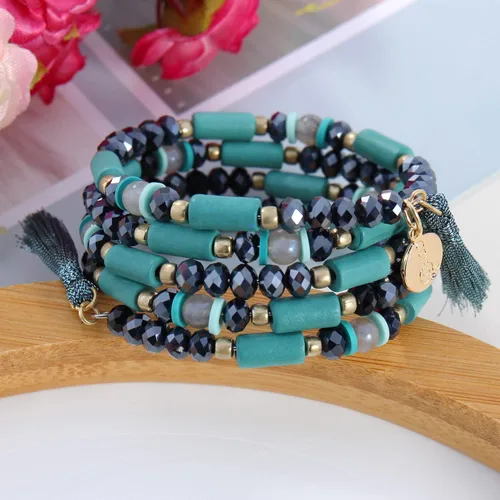 Vista 5 de Coiris Pulseras de declaración de cuentas de múltiples hebras pulseras versátiles Boho encanto borla apilable cuentas pulseras elásticas de cuerda