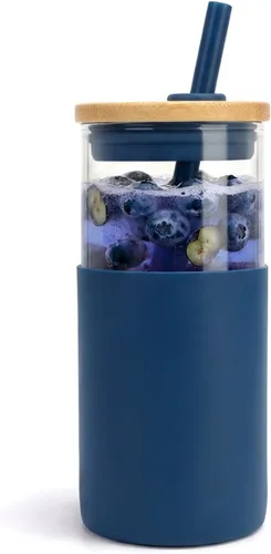 Vista 46 de Tronco Vaso de vidrio de 28 onzas con tapas y pajilla, taza reutilizable para café helado y vaso para batidos con tapa de bambú, funda de silicona