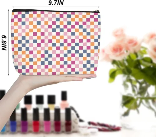 Vista 2 de Bolsa de maquillaje a cuadros retro colorida para mujeres, hermana, amiga, Navidad, cumpleaños, Cuadros 1250