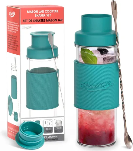 Vista 7 de Masontops Tapas para coctelera, compatibles con cualquier tarro Mason de boca regular, paquete de 2 con tapas jigger de 1 oz, color verde azulado