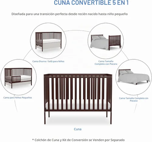 Vista 6 de 5-in-1 Convertible Baby Crib, Toddler, Daybed & Full-Size Bed Espresso
