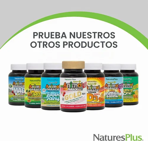 Vista 8 de NaturesPlus Animal Parade Gold Multivitamínico Masticables para niños, sabor a cereza, 60 tabletas masticables en forma de animal, con vitamina D3