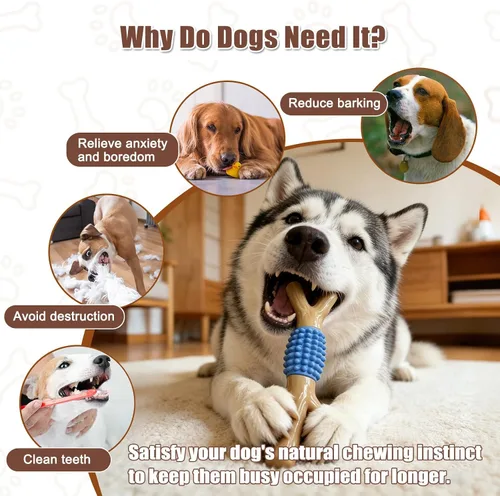 Vista 4 de SCHITEC Juguete masticable para perros para masticadores agresivos, nailon resistente y goma para dentición, juguete para mantenerlos ocupados Azul