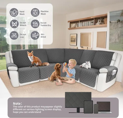 Vista 7 de Fundas impermeables para sofá seccional reclinable en forma de L, cubierta para sofá seccional reclinable, 7 piezas, antideslizantes, lavables