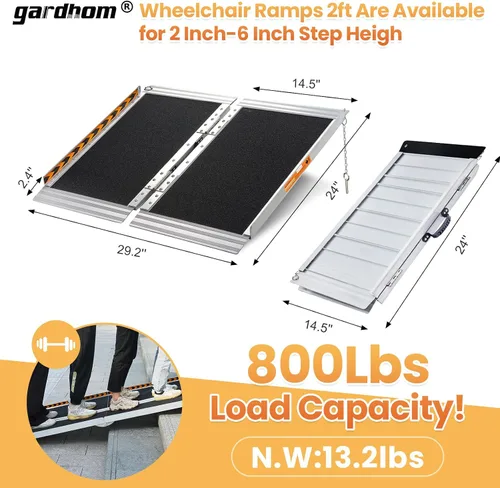 Vista 2 de gardhom Rampa Portátil para Silla de Ruedas de 2 Pies, Rampa Plegable Antideslizante de Aluminio para Discapacitados, Rampa para Silla de Ruedas