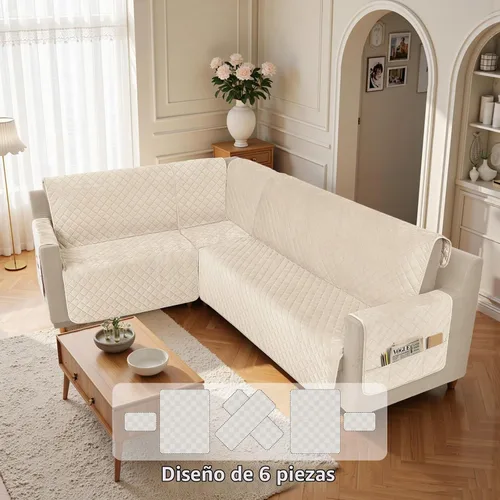 Vista 2 de Fundas impermeables para sofá seccional de esquina en forma de L, de terciopelo, juego de 6 piezas, funda en forma de U para sofá, para perros