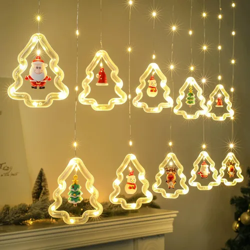 Vista 10 de BLOOMWIN Luces de Ventana de Navidad Decoraciones de Ventana Navideñas Iluminadas - Luz de Anillo en Forma de Árbol con Luz de Cortina de Ornamento
