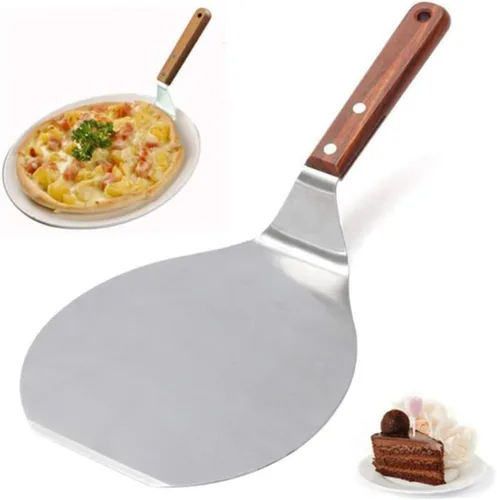 Vista 4 de Sartenes para pizza, Acero inoxidable Pizza Peel Mango de madera, Ronda Pastel Pizza Pala Cocina Hornear Herramienta