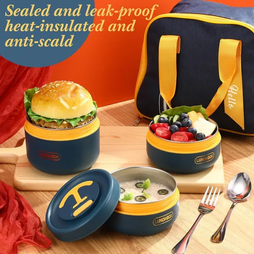 Vista 5 de Dandat Juego de 3 recipientes de almuerzo aislados portátiles para adultos y niños, caja Bento apilable de acero inoxidable para comida caliente