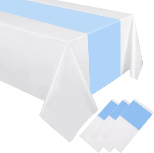 Vista 12 de Oudain 3 manteles desechables de plástico de 54 x 108 pulgadas, para mesas rectangulares, impermeables, para baby shower, boda, cumpleaños, Azul