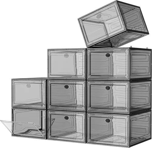 Vista 14 de Organizador de almacenamiento de zapatos de plástico transparente, grueso y resistente c/puerta magnética, cajas apilables, zapatero plegable