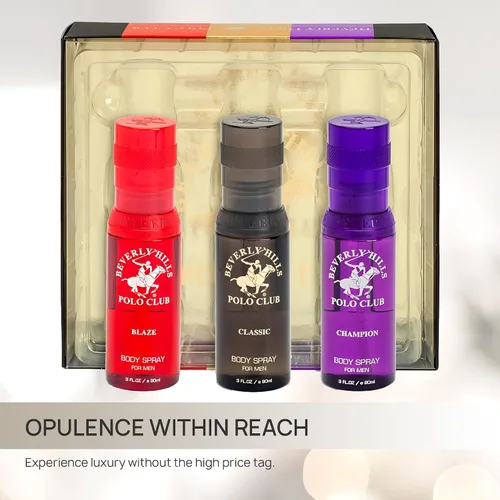 Vista 4 de Beverly Hills Polo Club Set de regalo de spray corporal de lujo para hombre, 3 aromas de colonia de diseñador de 3 x 3 onzas para una frescura
