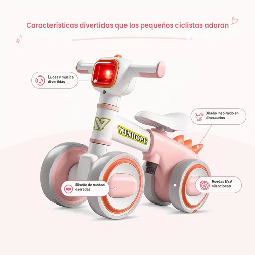 Vista 3 de WinHope Dinosaur Baby Balance Bike for 1 Year Old, Lights & Music Rosa