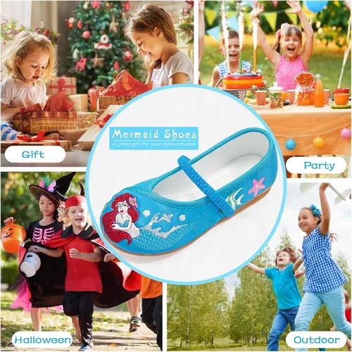 Vista 6 de Ariel - Zapatos de disfraz de sirena para niños pequeños, hermosos zapatos de ballet Mary-Jane, cómodos zapatos de tacón bajo con punta redonda