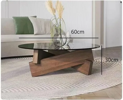 Vista 7 de Mesa auxiliar redonda de vidrio con patas de madera maciza para sala de estar (patas de nogal+vidrio gris)