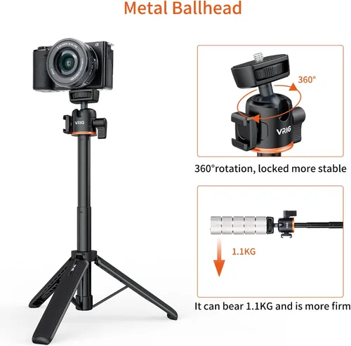 Vista 5 de VRIG Trípode con Palo de Extensión de 21.6", Mini Palo para Selfie Trípode Soporte Mango con Agarre para DJI Osmo Pocket 3, Insta 360 X5 Webcam
