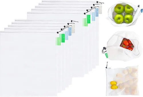 Vista 13 de purifyou Juego de 9 bolsas reutilizables de algodón orgánico – Malla de doble costura resistente, sin blanquear, cierre de cordón – 2 XL (12 x 20)