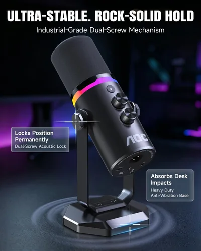 Vista 4 de AOC Micrófono dinámico USB/XLR para juegos de PC, podcast y grabación, micrófono RGB de modo dual y equipo vocal de transmisión con soporte