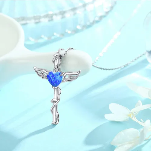 Vista 2 de Angel Necklace 925 Sterling Silver OpalMoonstoneBlue Crystal Angel Wings Cross Urn Pendant Necklace Hypoallergenic Moonstone Angel Cross Pendant