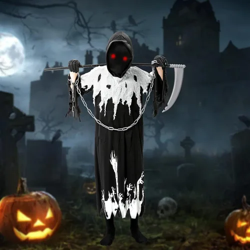 Vista 4 de Disfraz de Parca para niños y niños, disfraz de fantasma espeluznante de Halloween con guadaña de ojos rojos brillantes incluida, bata luminosa