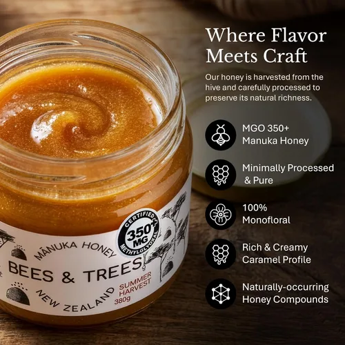 Vista 3 de Bees & Trees 350+ MG 100% miel de Manuka de Nueva Zelanda cruda, tarro de vidrio de 13.40 oz