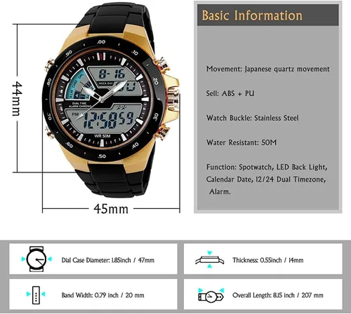 Vista 3 de FANMIS Reloj deportivo analógico digital 50M impermeable para hombre, reloj deportivo militar multifunción cronómetro alarma retroiluminación reloj