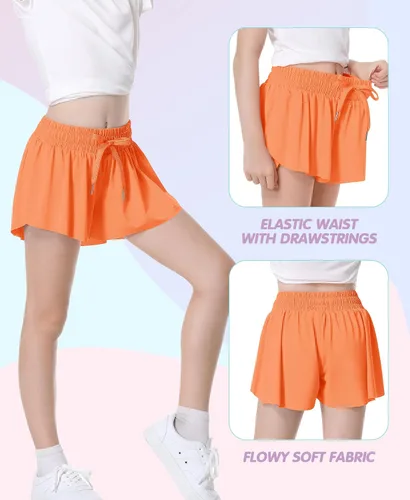 Vista 3 de QooNoo Girls Butterfly Shorts with Pocket Flowy Athletic Shorts High Waist Preppy Running Shorts for Kids Teen