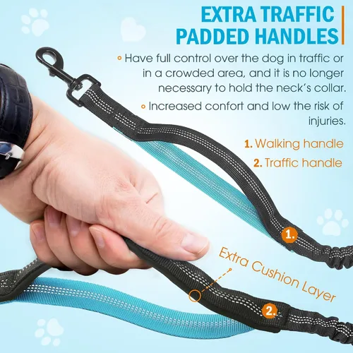 Vista 4 de Correa de perro manos libres con cinturón – Bungee sin tirones, asas acolchadas dobles y bolsa con cremallera para correr, caminar y entrenar – Negro