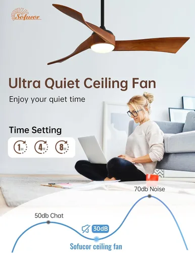 Vista 6 de Sofucor Ventiladores de techo inteligentes de 52 pulgadas con luz moderna de madera maciza para exteriores, ventilador de techo de 3 aspas con luz