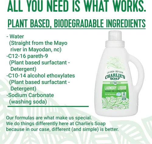 Vista 6 de Charlie's Soap - Detergente líquido para lavandería sin fragancia - 50 cargas (Una botella de 50 cargas, 50 cargas totales)