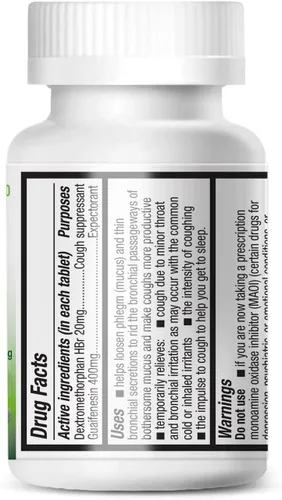 Vista 3 de HealthA2Z® Alivio de la mucosidad DM Dextrometorfano HBr 20 mg Guaifenesina 400mg Sin benceno Tos, liberación inmediata, sin recubrimiento