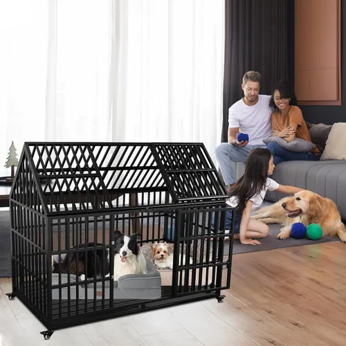 Vista 6 de Jaula de perro de 54 pulgadas resistente e indestructible con alfombrilla, jaula canina con ruedas bloqueables a prueba de fugas, puerta doble