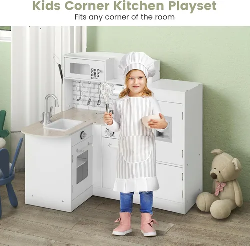 Vista 2 de Costzon Juego de cocina esquinera para niños, juego de cocina de madera 8 en 1 con microondas realista, horno, estufa, refrigerador, campana