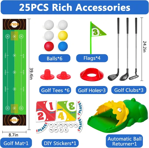 Vista 6 de Juego de golf para niños mejorado con palos de golf para niños con dinosaurio, devueltor automático de golf para niños pequeños con bolas luminosas