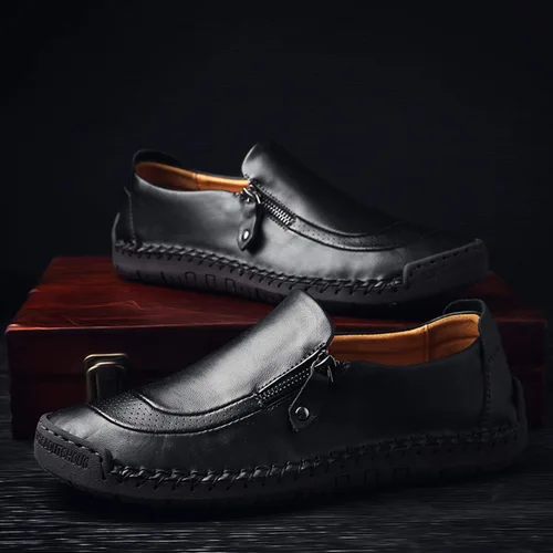 Vista 4 de Qiucdzi Zapatos cómodos de cuero para hombre, con costuras a mano, antideslizantes, informales, mocasines, zapatos para barco, Transparente