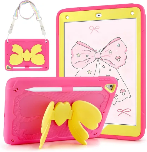 Vista 10 de VOFUOE Funda para iPad de 6ª/5ª generación para niños y niñas, funda para iPad de 9.7 2018 2017 con soporte de lazo, correa para el hombro, soporte