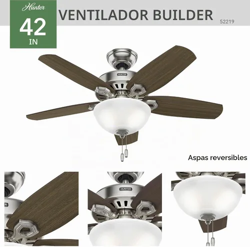 Vista 7 de Hunter Builder, ventilador de techo, para interiores, cadena de tracción, 42 pulgadas, níquel cepillado con luz LED, montaje estándar, 5