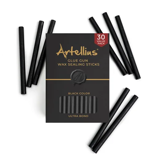 Vista 7 de Artellius Varillas de cera de sellado, paquete de 30, 4 x 0.3 pulgadas, color negro, pistola de pegamento y velas compatibles con sellos de cera