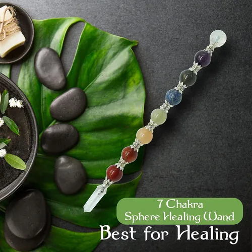 Vista 3 de Varita de cristal curativo de 7 chakras, potente equilibrio de energía y limpieza de aura, espiritual, reiki, meditación, yoga (varita esfera)