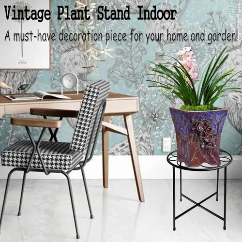 Vista 3 de Soporte para plantas, 15 pulgadas de alto para interiores y exteriores, juego de 1, diseño retro, redondo, soporte de metal recubierto a prueba