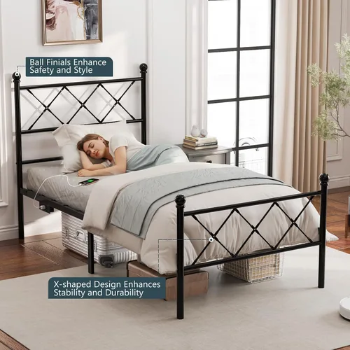 Vista 9 de VINGLI Base de cama individual con cabecero y estribo, marco de cama de metal con estribo extra alto, cama de plataforma resistente con luces LED