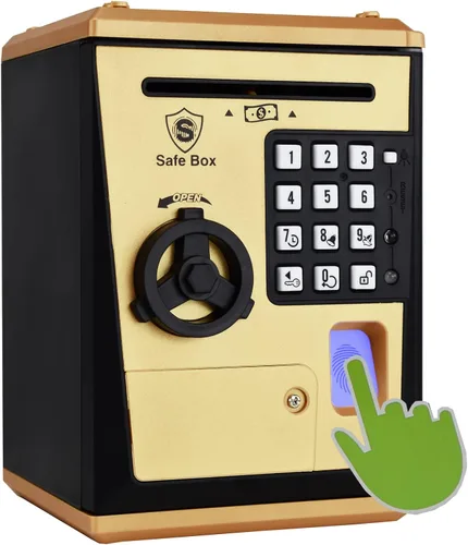Vista 10 de Caja de ahorro segura para niños con contraseña por huella dactilar, alcancía parlante con diseño de cajero automático para dinero real, juguete