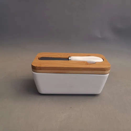 Vista 3 de Mantequillera hermética de porcelana con cuchillo, manteca rectangular hermética blanca con tapa de madera, recipiente grande de cerámica, 6.8 x 3.5