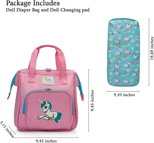 Vista 2 de HappyVk - Bolsa de pañales rosa para muñecas con cambiador de muñecas- Bolso para niñas - Unicornio Realistic, Spacious & Comfortably Designed for
